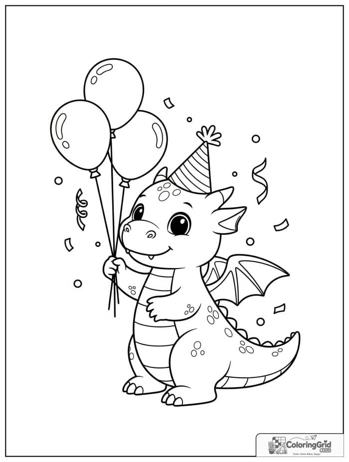 Baby dragon with balloons coloring sheet