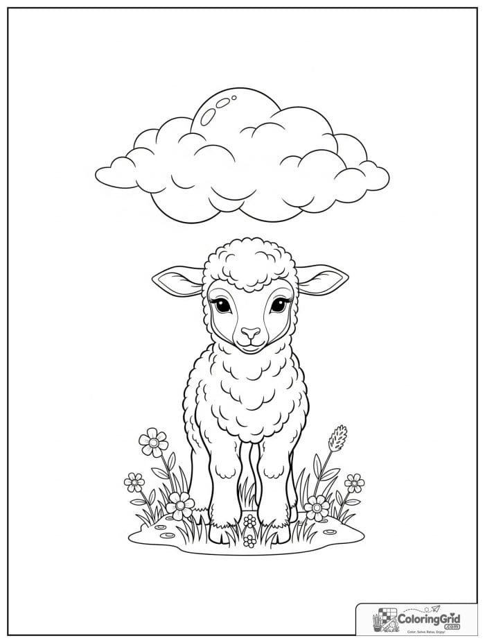 Baby lamb under cloud black and white drawing.