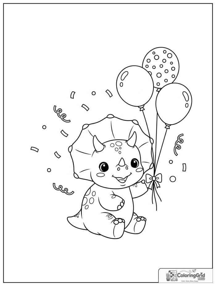 Baby triceratops with balloons coloring sheet