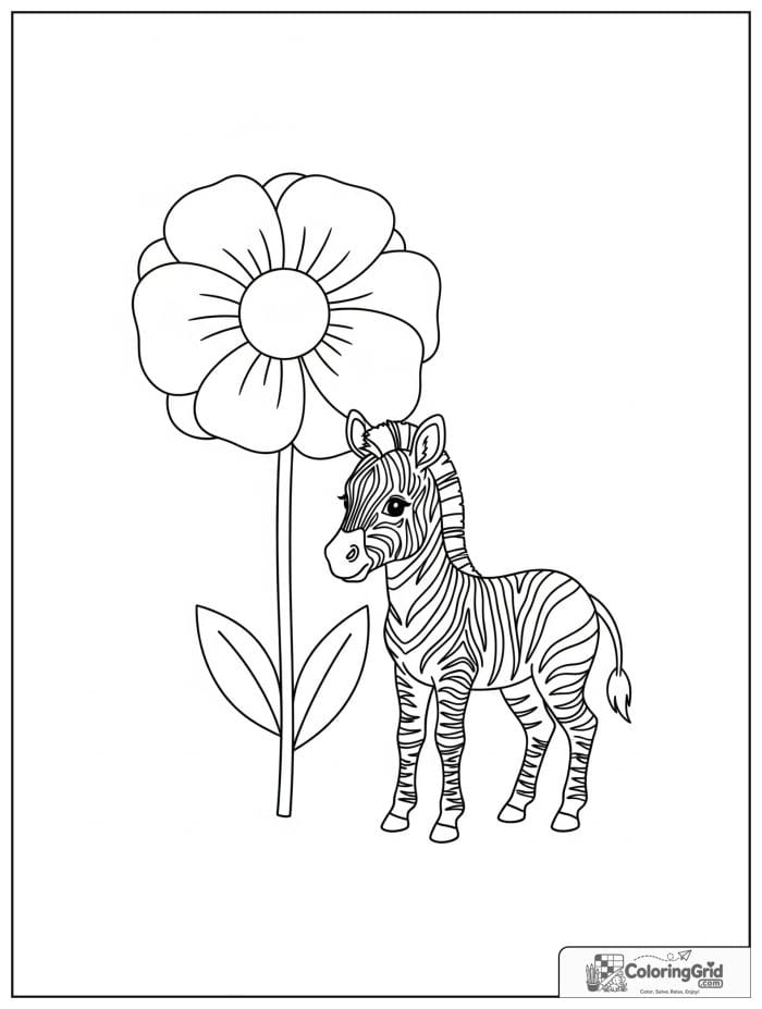 Baby zebra standing beside a flower.