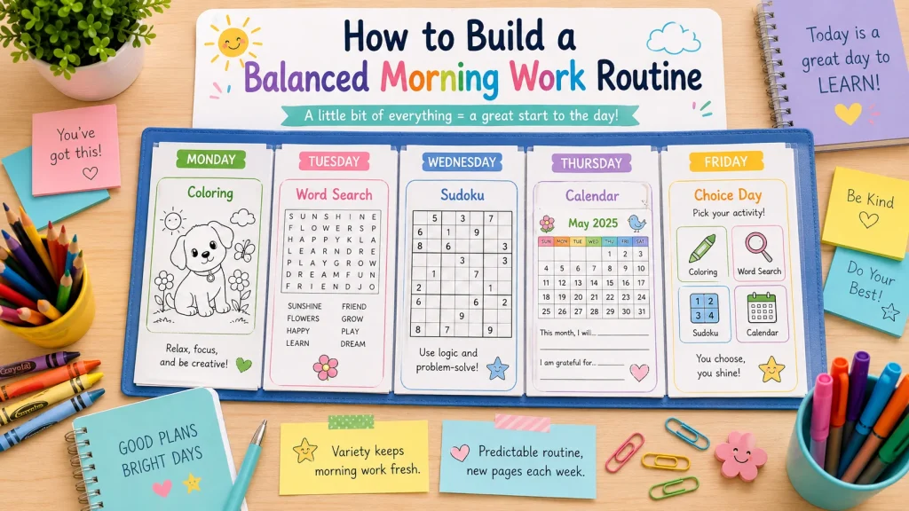 Weekly morning work routine with coloring, word search, Sudoku, calendar work, and choice day activities on a classroom desk.