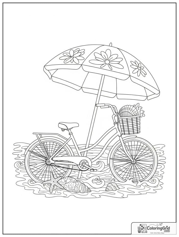 Beach cruiser bicycle near an umbrella and seashells.