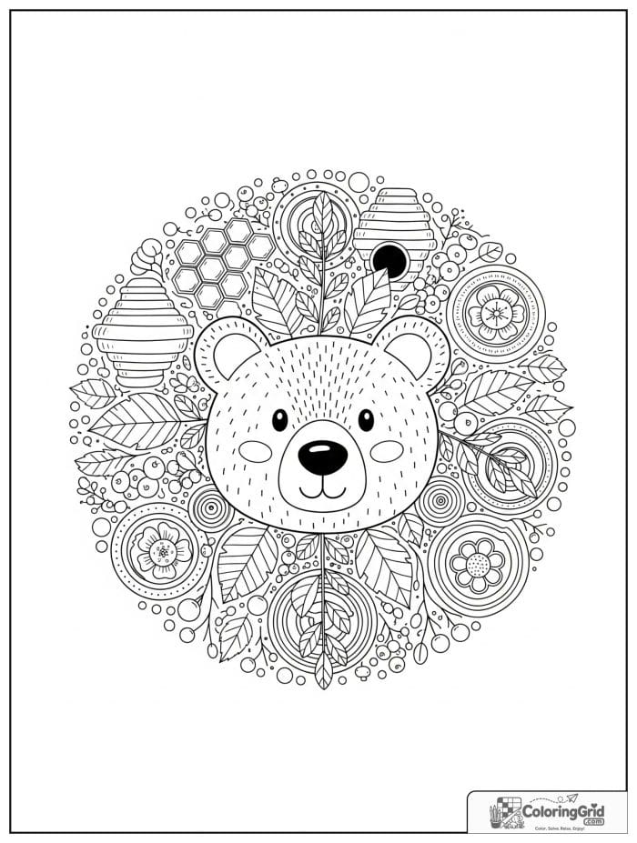 Bear animal mandala coloring page with honeycombs and berries