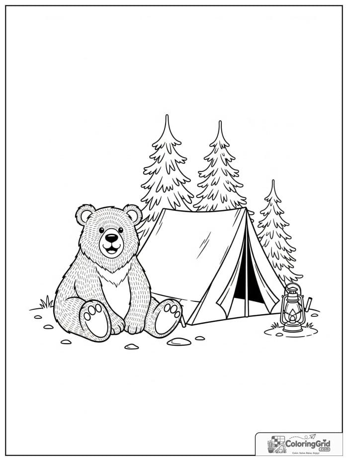 Happy bear camping beside a tent.
