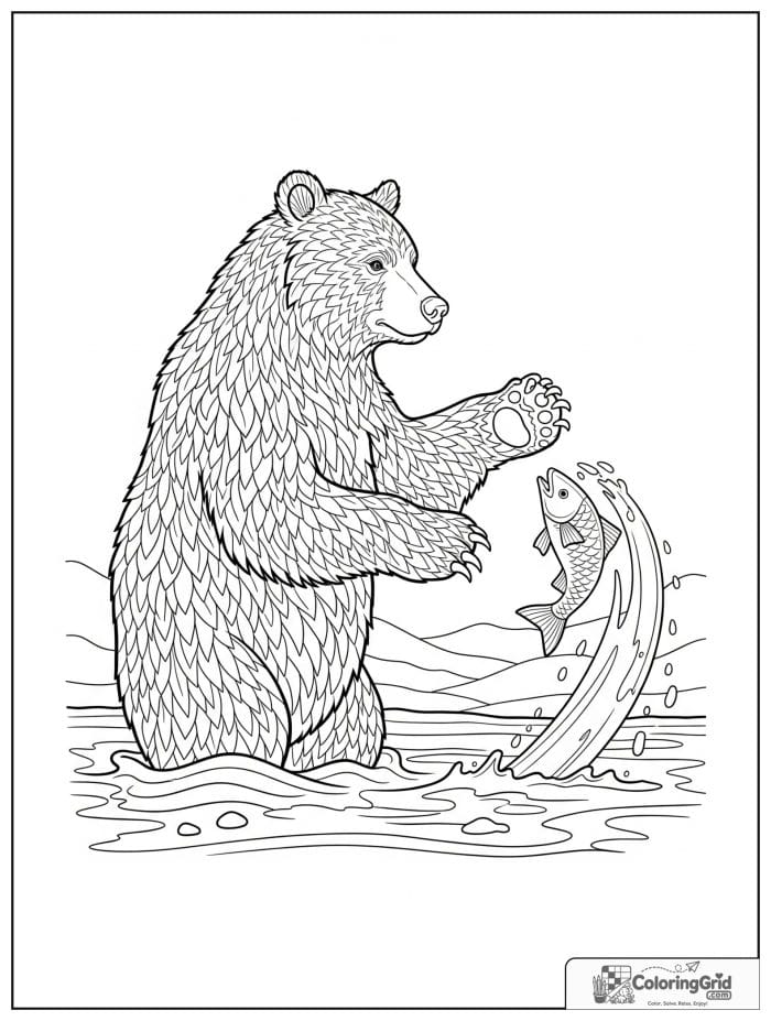 Bear reaching toward a jumping fish in a river.