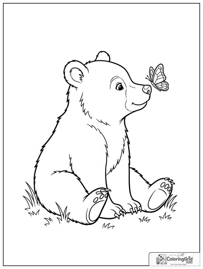 Bear cub looking at a butterfly.