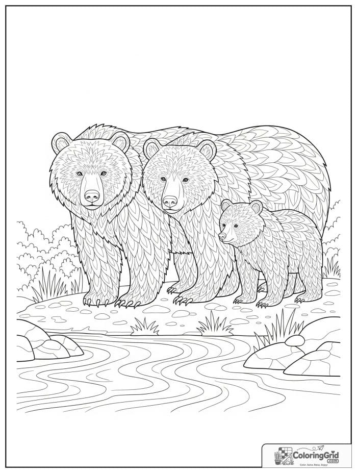 Bear family standing beside a river.