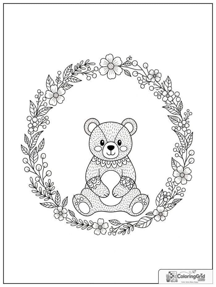 Bear sitting inside a floral wreath.