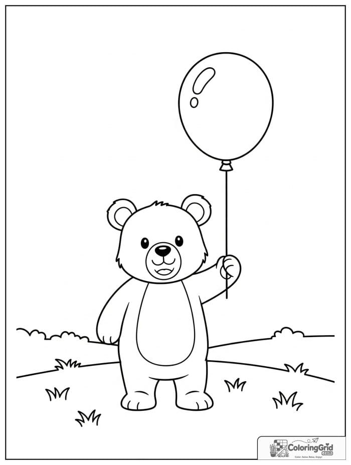 Bear cub holding a round balloon.