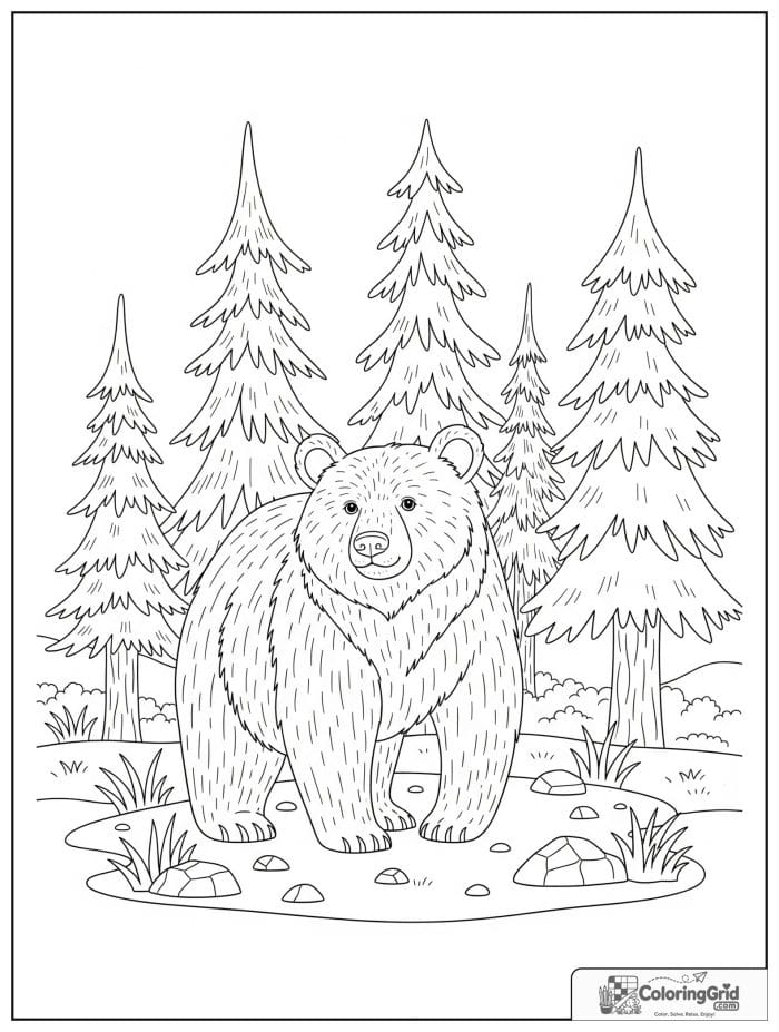 Gentle bear standing in a forest clearing.