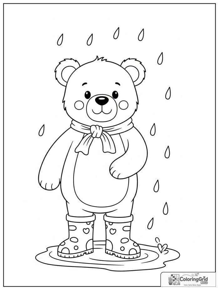 Cheerful bear wearing rain boots.