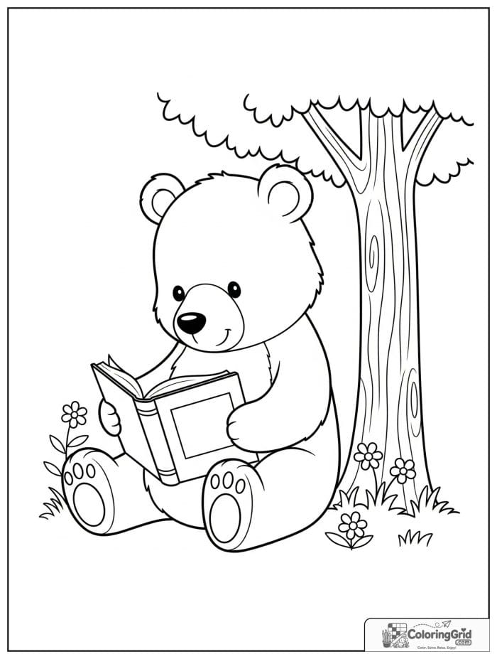 Cute bear reading an open book under a tree.