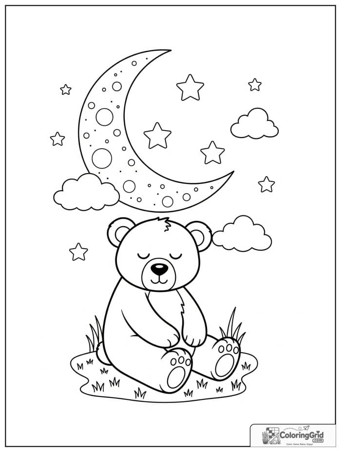 Sleepy bear under moon and stars.