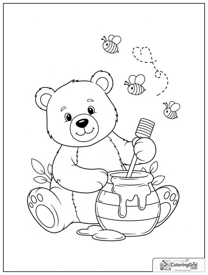Friendly bear sitting beside a honey pot.