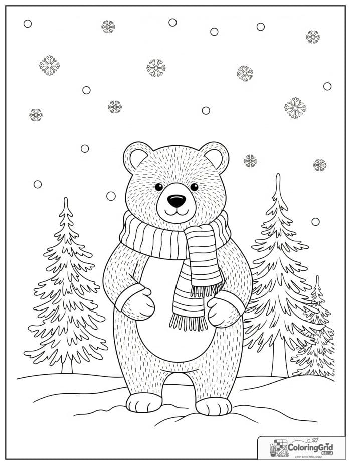 Cozy bear wearing a scarf in snow.