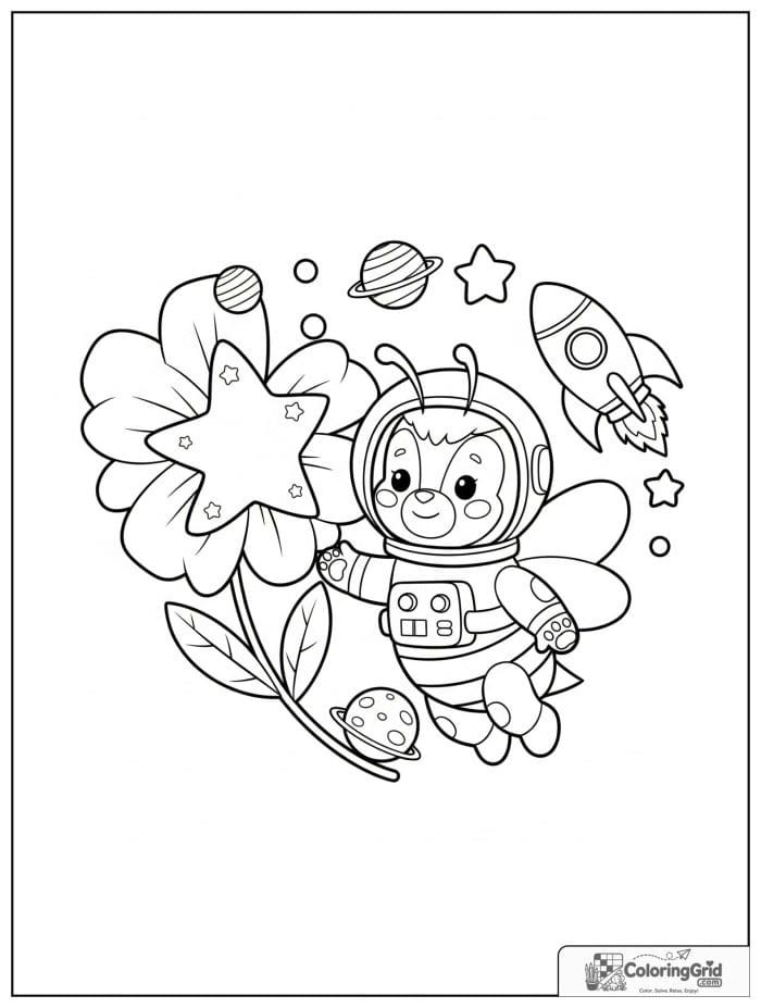 A brave bee astronaut floats beside a star-shaped flower with planets, moon stones, and a rocket flower.