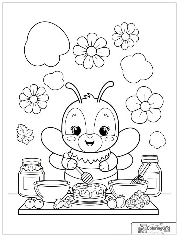 A happy bee bakes honey cakes in a flower kitchen with bowls, jars, and berries.