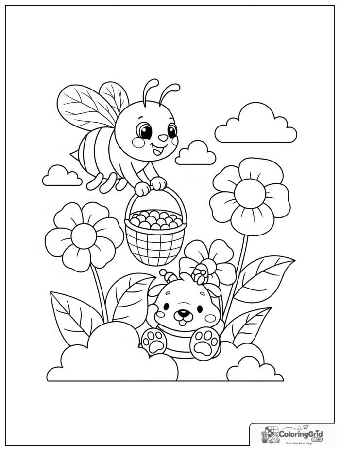 A cheerful bee carries a pollen basket above large garden flowers with leaves and clouds.