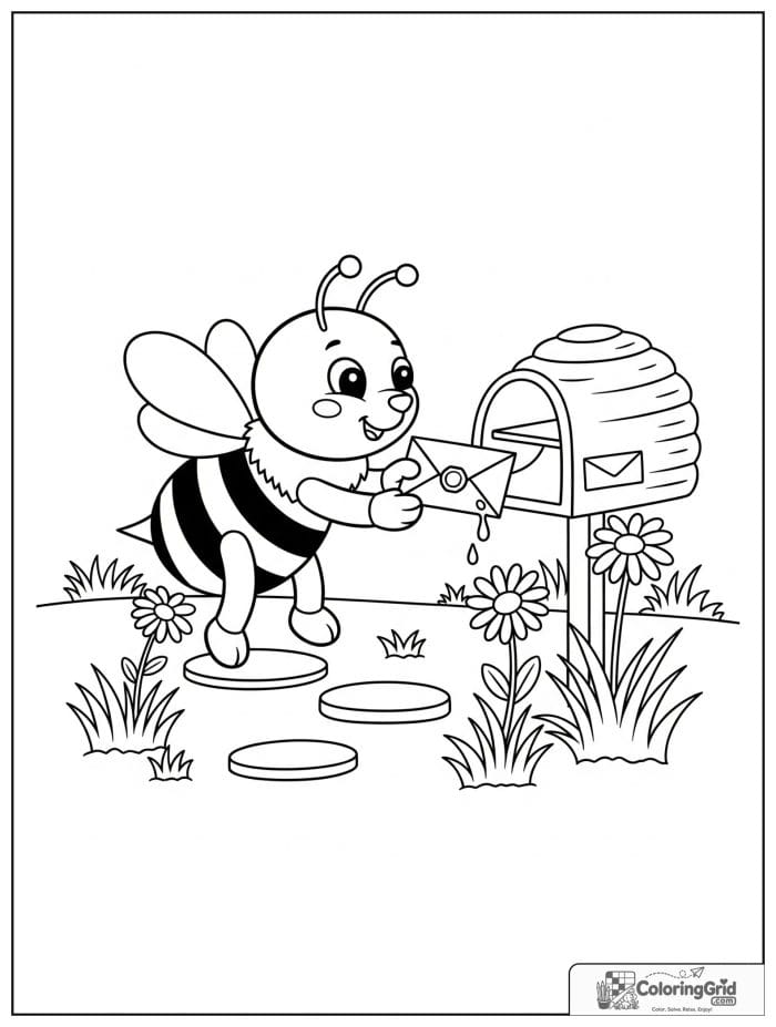 A helpful bee mail carrier delivers a honey letter to a hive mailbox with daisies and stones.