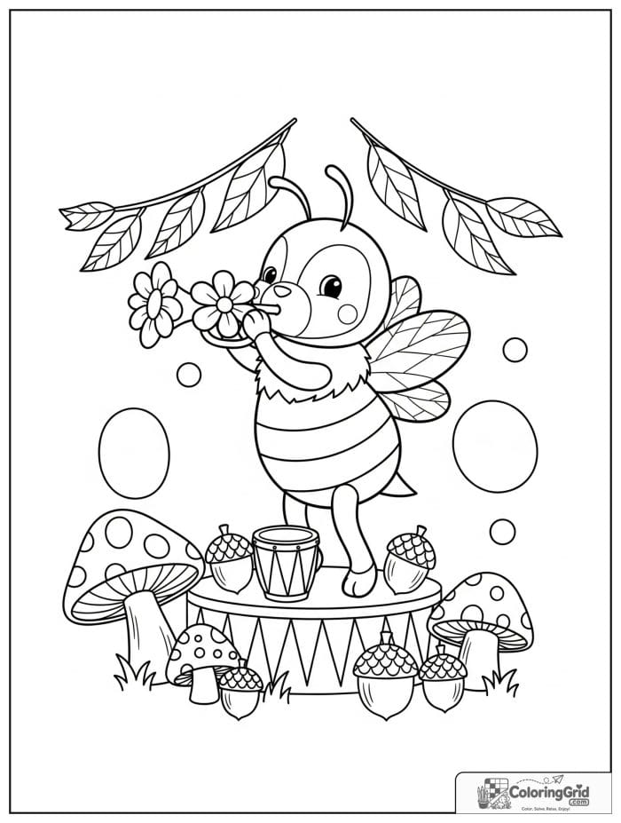 A joyful bee musician plays a flower trumpet on a mushroom stage with acorn drums and leaf streamers.