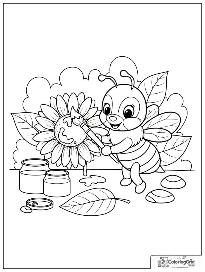A creative bee paints a sunflower petal with a brush near paint jars, leaves, and stones.