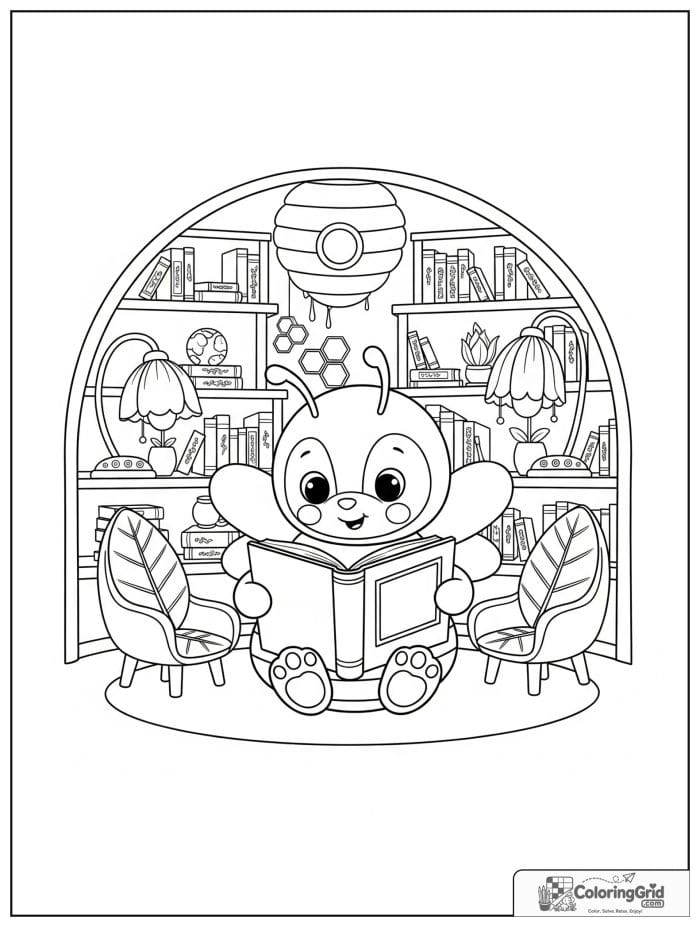 A gentle bee reads a storybook in a honeycomb library with seed books, flower lamps, and leaf chairs.