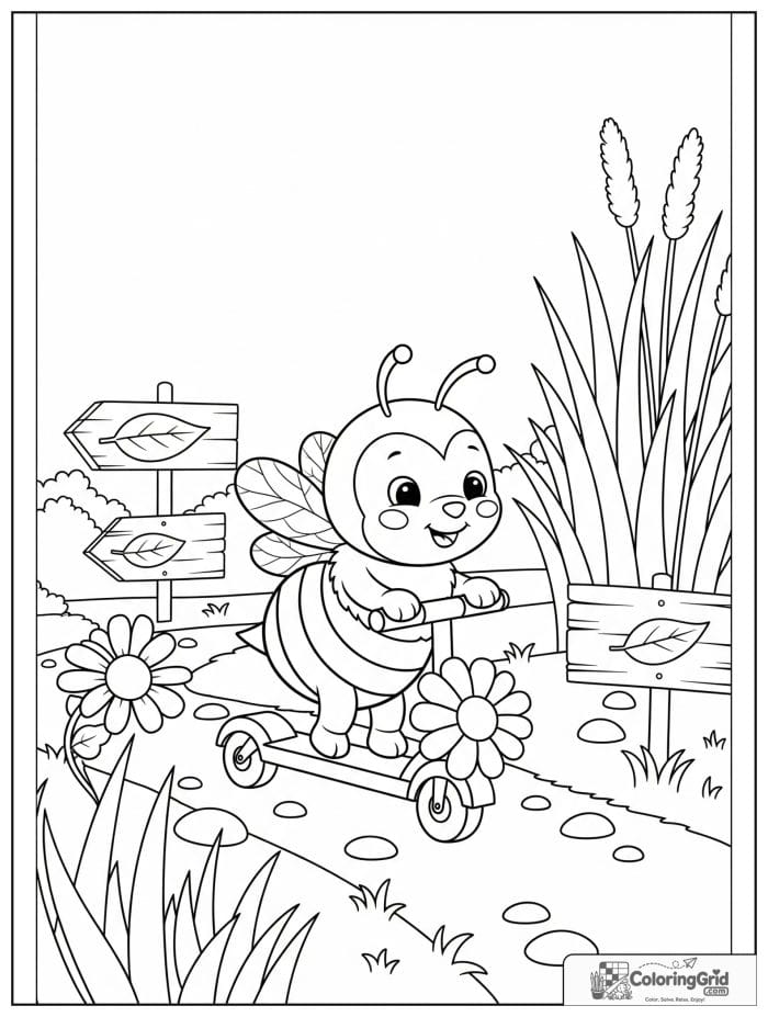 A playful bee rides a daisy scooter on a garden path with pebbles, leaf signs, and grass.
