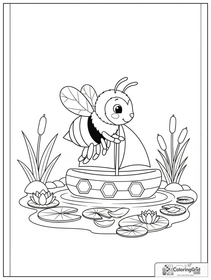 A brave bee sails a honeycomb boat across a pond with lily pads, cattails, and flower petals.