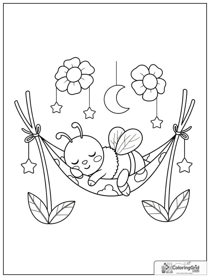 A sleepy bee rests in a flower petal hammock between stems with moon flowers, stars, and leaves.