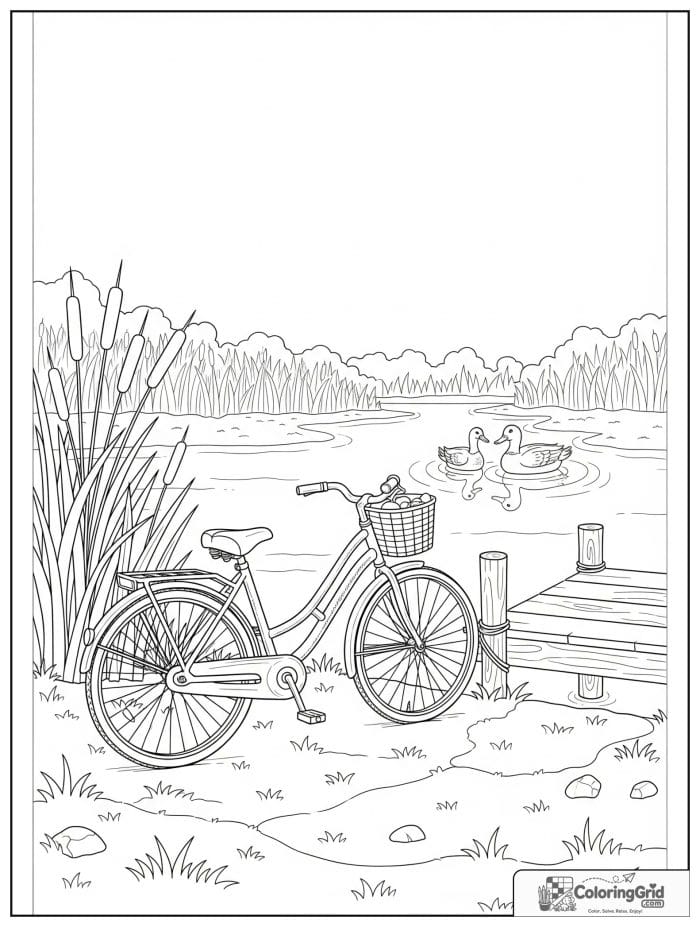 Bicycle parked by a lake with ducks and a dock.