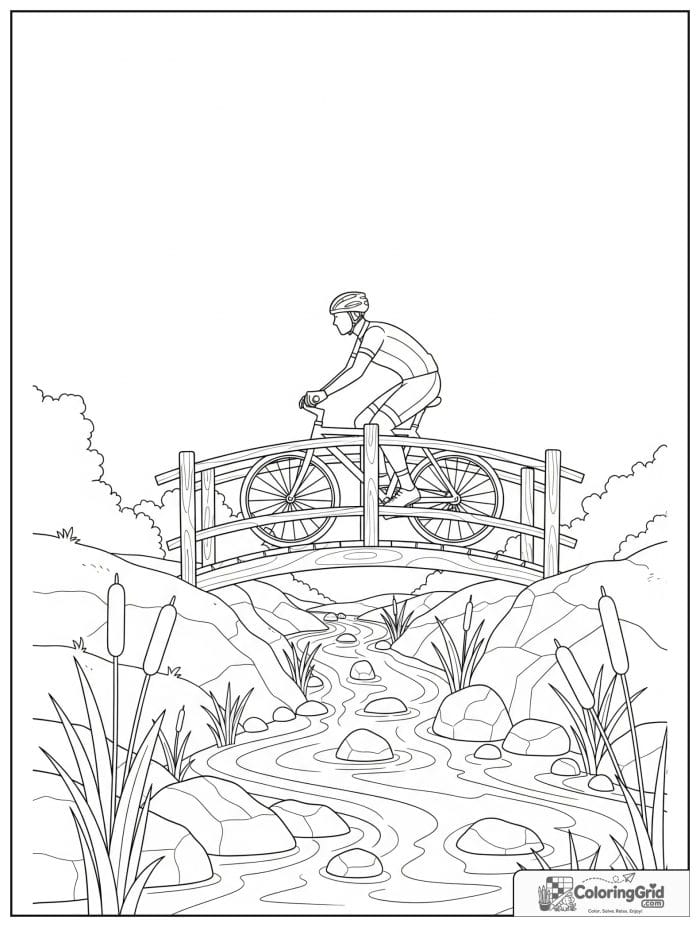 Bicycle rider crossing a small wooden bridge.
