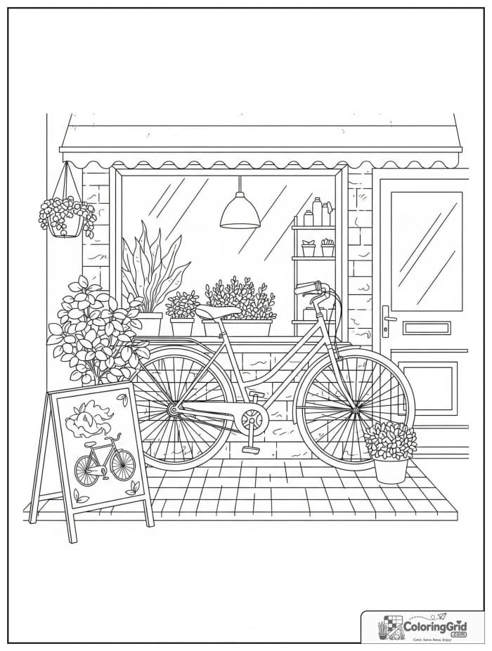 Bicycle displayed outside a bike shop.