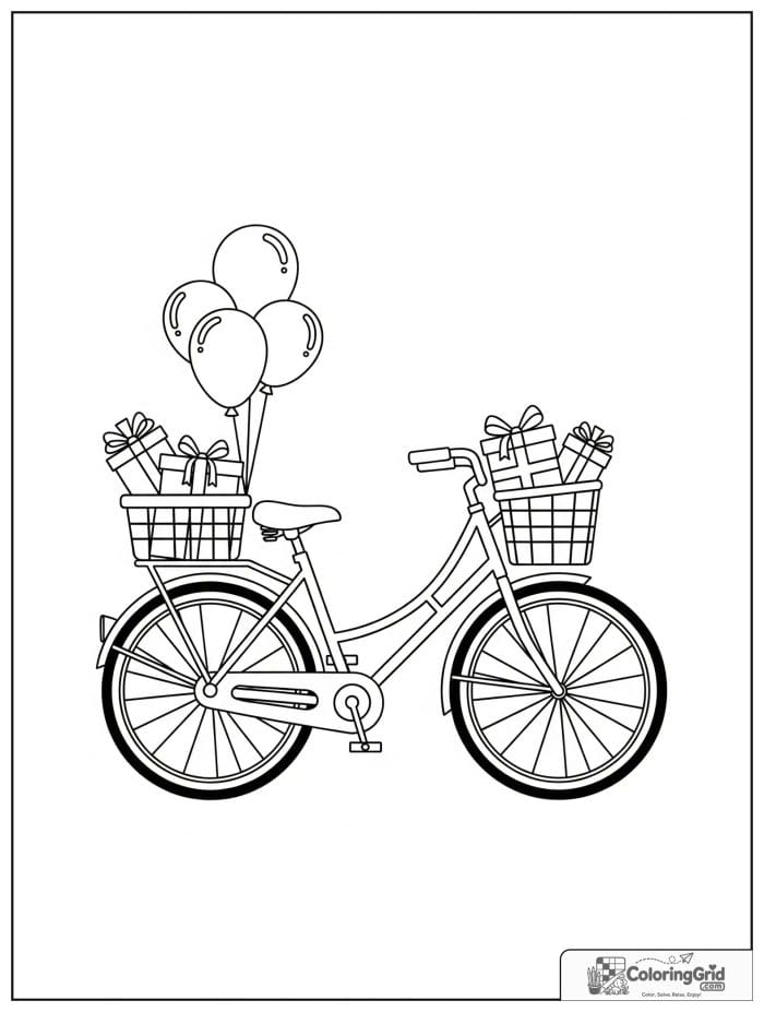 Bicycle decorated with balloons and gift boxes.