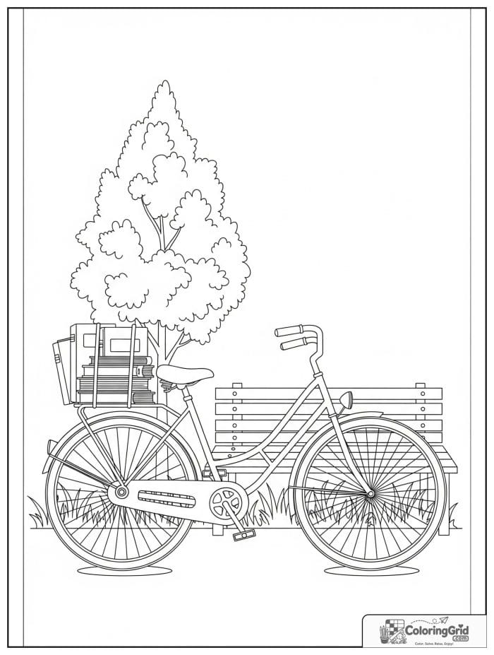 Bicycle with books on the rear rack near a bench.