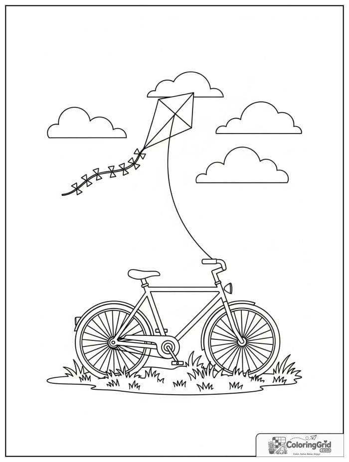 Bicycle on grass with a kite flying overhead.