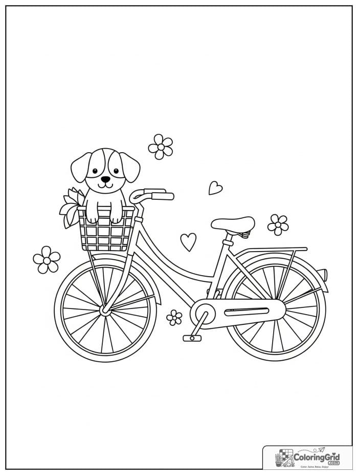 Cute bicycle with a puppy in the front basket.