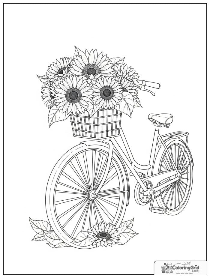Bicycle with large sunflowers in the basket.