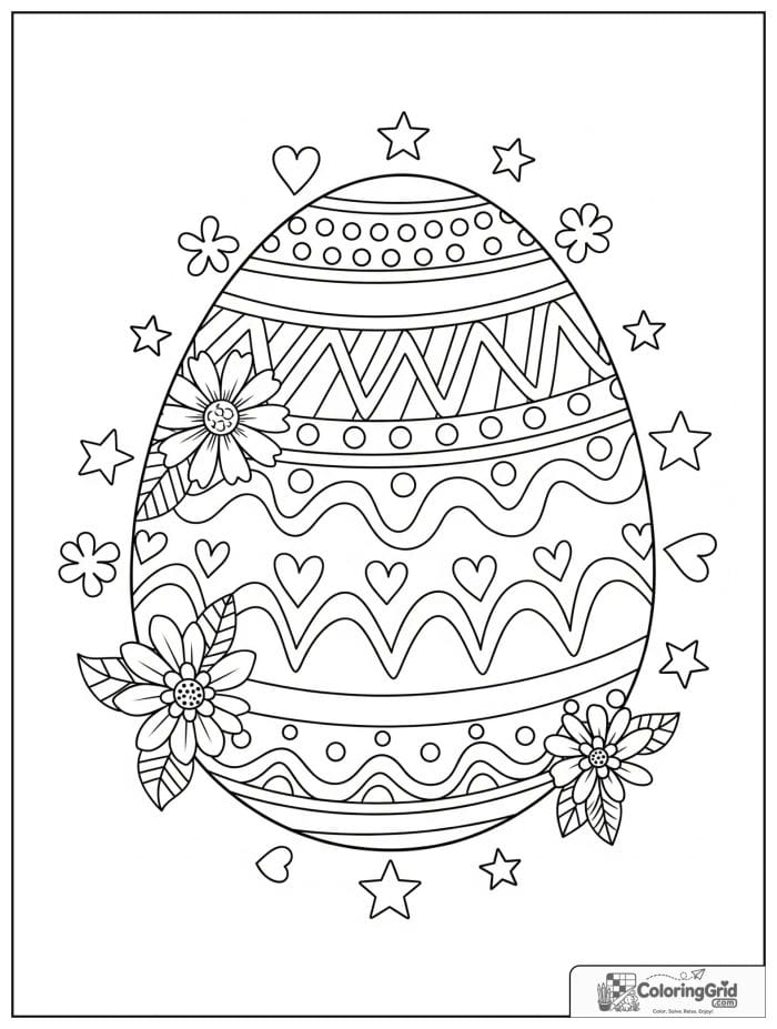 Big decorated Easter egg coloring page with spring patterns