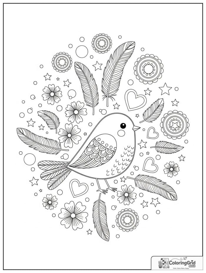 Bird animal mandala coloring page with feathers and flowers