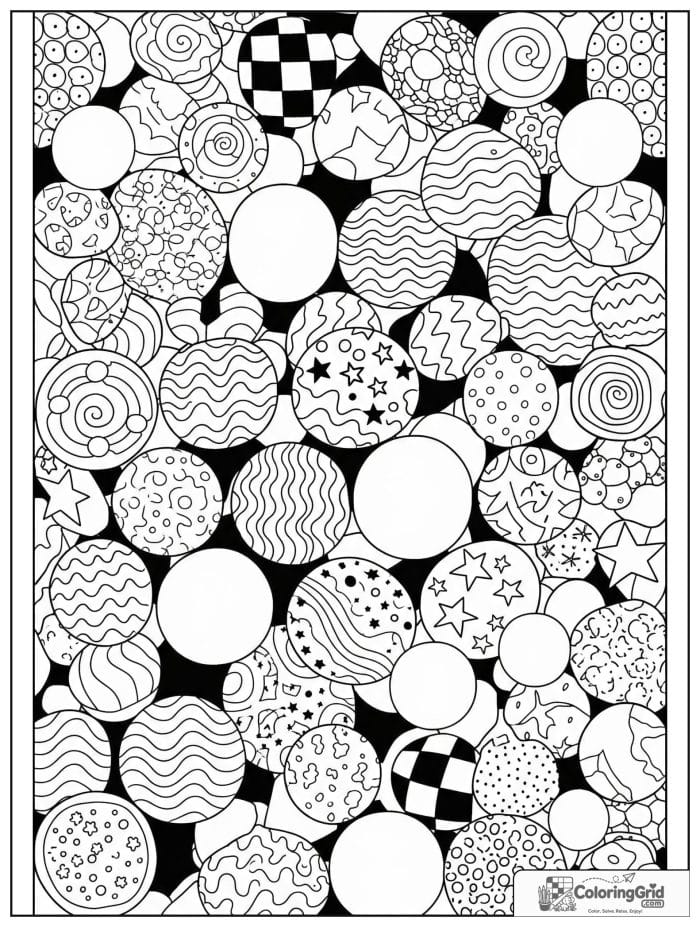 Bold abstract checker pattern coloring page with circles waves and zigzags