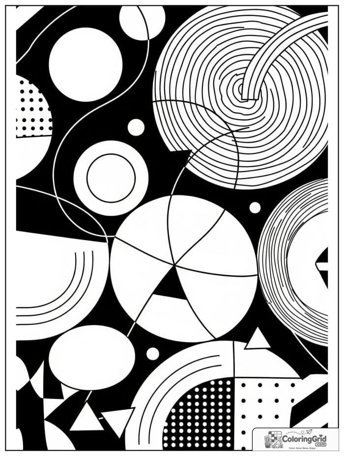 Bold abstract coloring page with overlapping circles and triangles