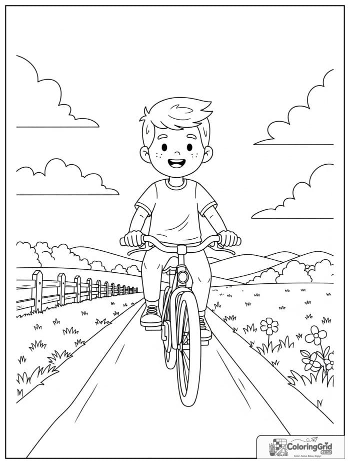 Boy riding a bicycle on a country road.