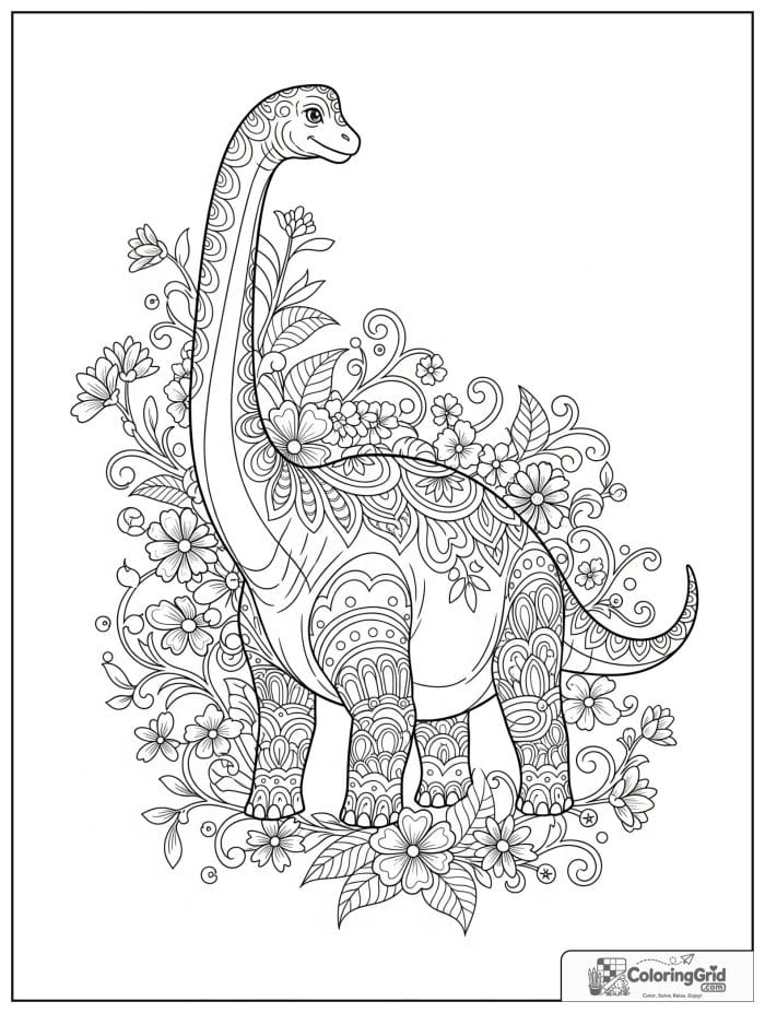 Brachiosaurus among flowers and vines coloring sheet