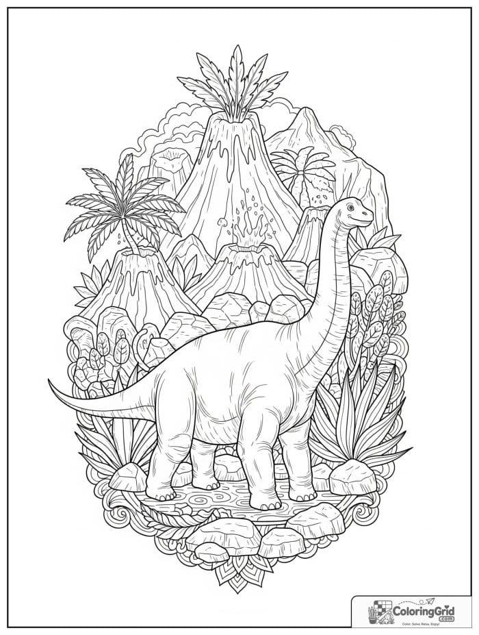 Brachiosaurus and volcano frame coloring sheet