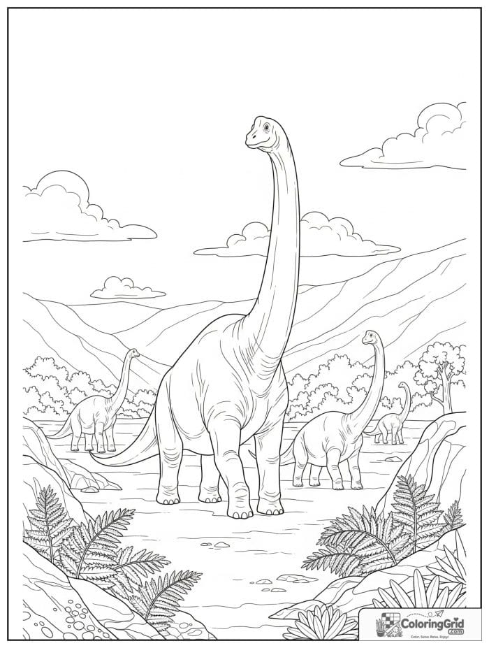 Brachiosaurus herd in prehistoric valley coloring sheet