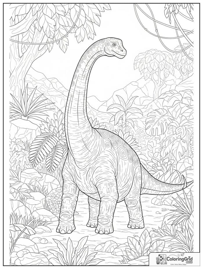 Brachiosaurus in jungle scene coloring sheet