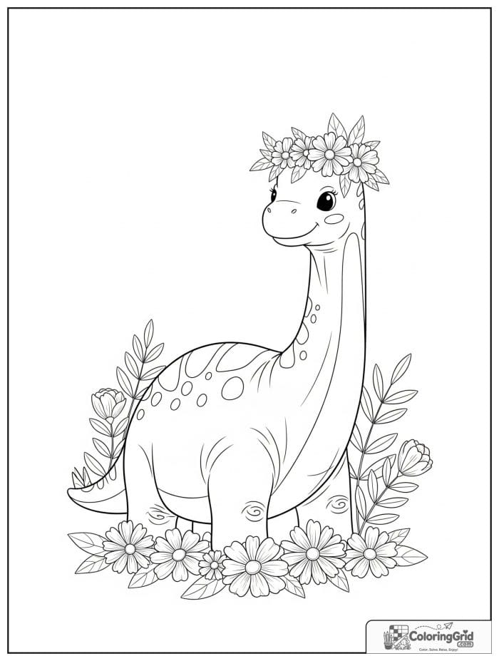 Brachiosaurus with flower crown coloring sheet