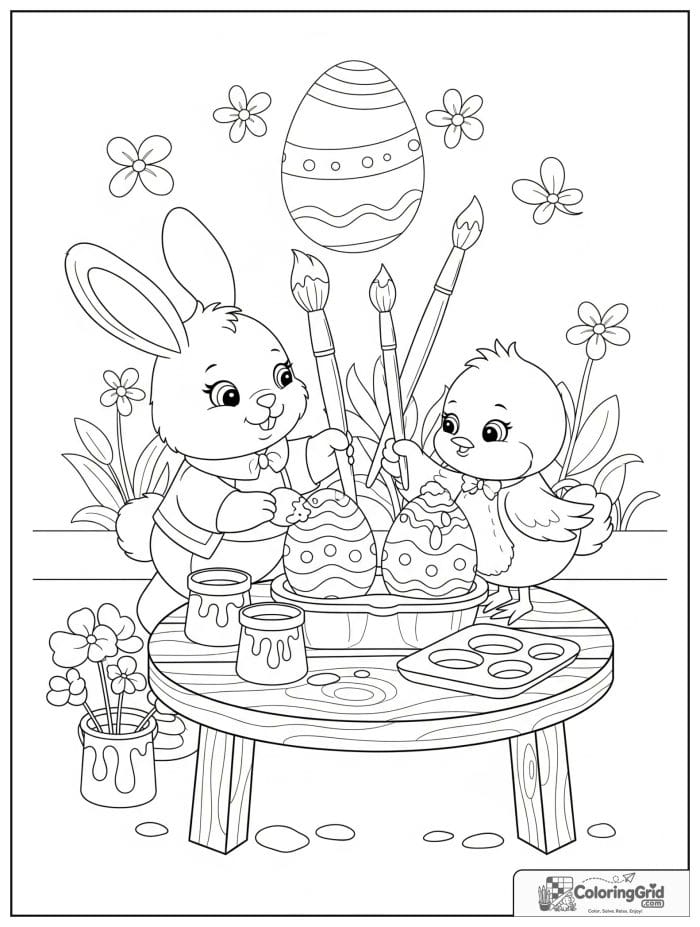 Bunny and chick painting Easter eggs coloring page