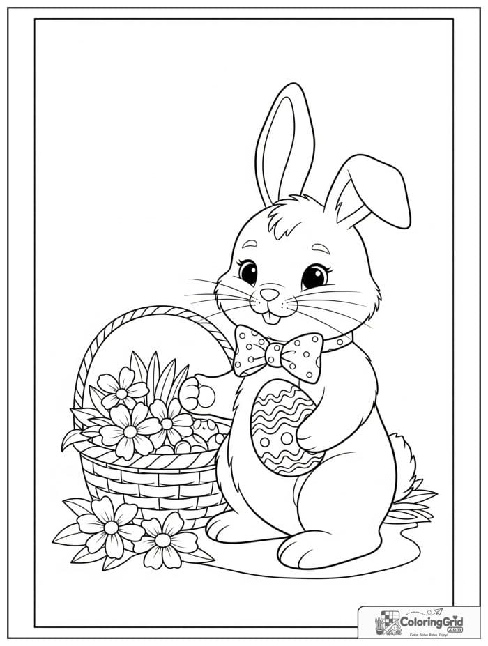 Cute bunny with bow tie holding painted egg coloring page