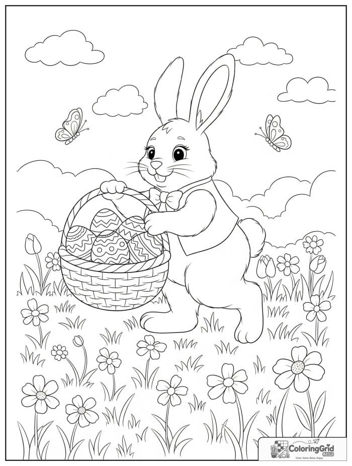 Bunny carrying basket full of Easter eggs coloring page